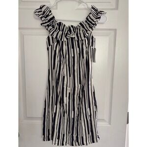 NEW Lucca Couture Sz S Black‎ White Ruffle Off Shoulder Dress Linen Cotton Blend